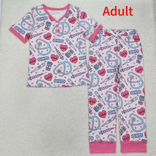 GSPO1861 Adult female heart pink short-sleeved long pants pajamas set
