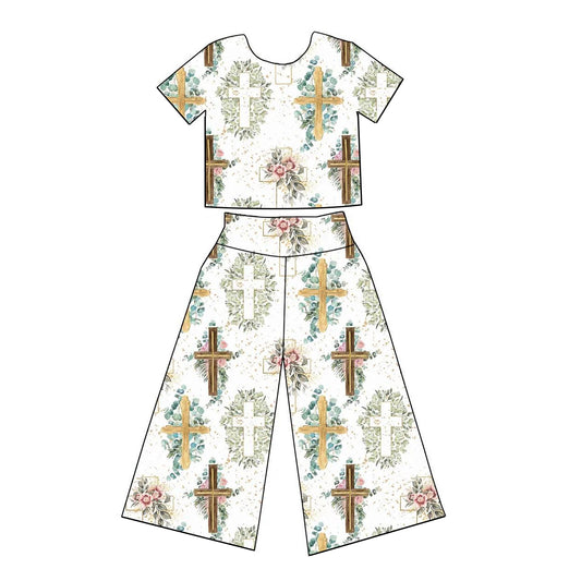 presale GSPO1863 Easter Cross Flower Leaf Short Sleeve Pants Set  2024 11.29