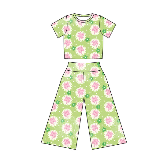 presale GSPO1870 Four-leaf clover polka dot pink and green short-sleeved trousers suit  2024 12.4