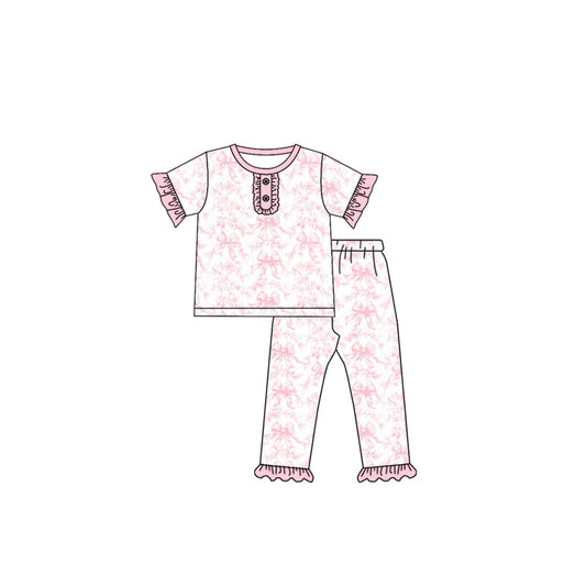 presale GSPO1872 Pink and white short-sleeved long pants pajama set with flower and bow pattern  2024 12.4