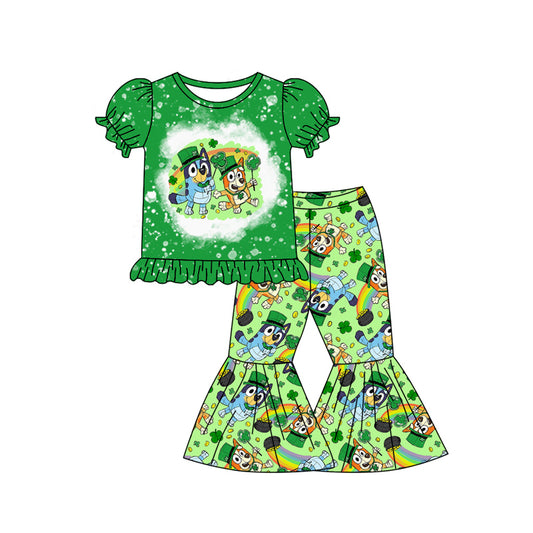 presale GSPO1877 Four-leaf Clover Rainbow Green Lace Short Sleeve Pants Set 2024 12.6