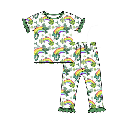 presale GSPO1878 Four-leaf clover rainbow hat green lace white short-sleeved long pants pajama set  2024 12.6
