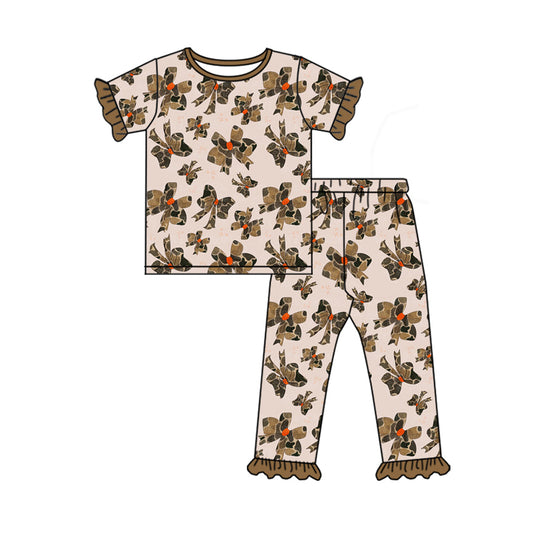 presale GSPO1880 Camouflage Bow Pattern Brown Lace Short Sleeve Long Pants Pajama Set  2024 12.6