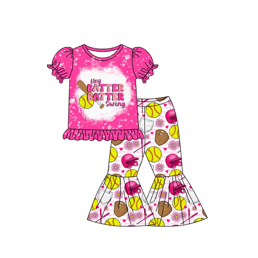 presale GSPO1881 Letter Softball Flower Rose Red Lace Short Sleeve Pink Striped Trousers Set   2024 12.6