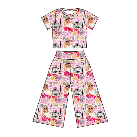 presale GSPO1882  Pink short-sleeved trousers suit with lettering guitar   2024 12.7