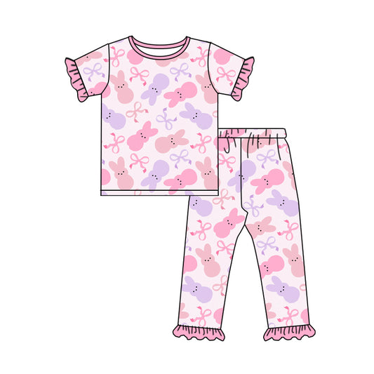 preorder GSPO1927 Easter Bunny Bow Pattern Pink Lace Short Sleeve Long Pants Pajama Set 2024 12.10