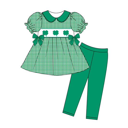 CUSTOM Four-leaf Clover Green Bow Check Short Sleeve Pants Set D 5.20