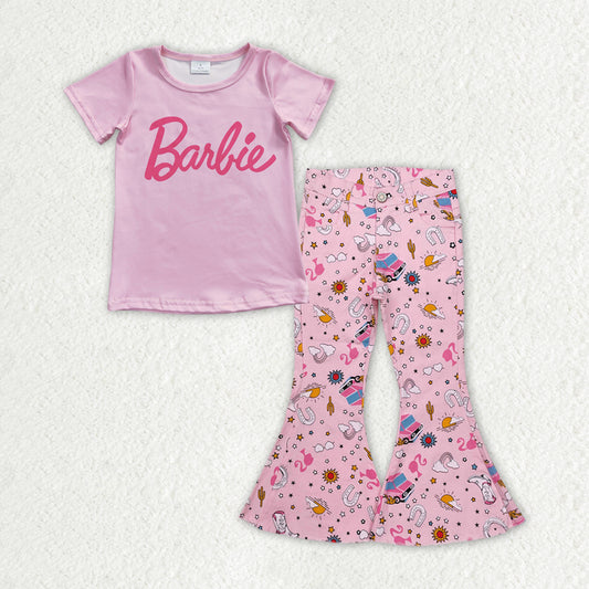 GSPO1932 Girls Baby Doll Shirt Pink Denim Jeans Pants Clothes Sets