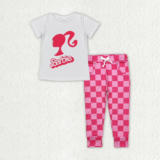 GSPO1933 Baby Girls White Doll Shirt Top Checkered Pants Clothes Sets