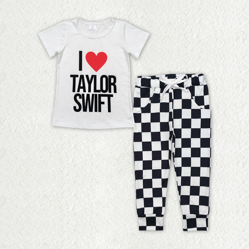 GSPO1944 Baby Girls Love Singer Top Checkered Jogger Pants Clothing Sets