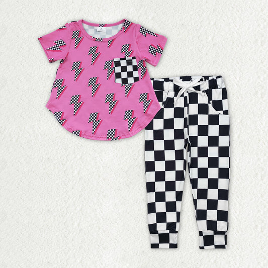 GSPO1946 Baby Girls Light Top Checkered Jogger Pants Clothing Sets