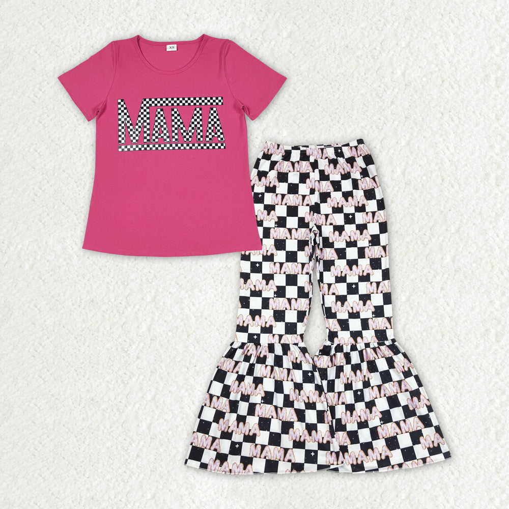 GSPO1948 Adult Women Mama Shirt Checkered Bell Bottom Pants Clothes Sets