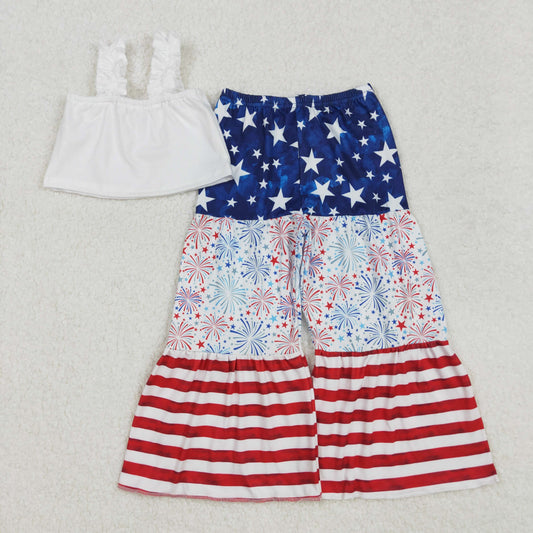 GSPO1959 Stars Firework Stripes Baby Girls 4th of July Crop Top Bell Bottom Pants Clothes Sets