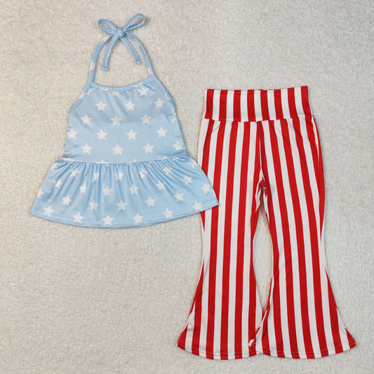 GSPO1974 Baby Girls 4th Of July Stars Halter Tunic Bell Pants Clothes Sets