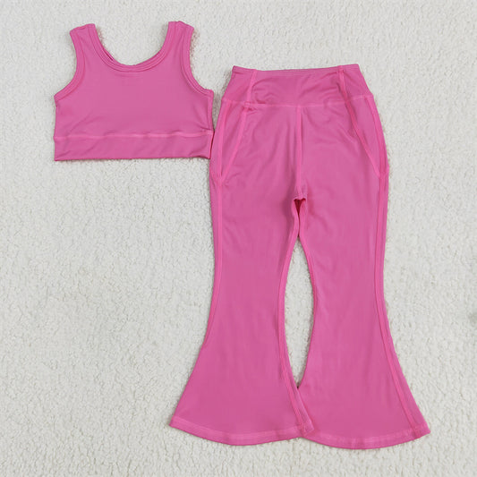 GSPO2002 Baby Girls Dark Pink Yoga Vest Bell Bottom Pants Active Wear Clothes Sets D 5.22