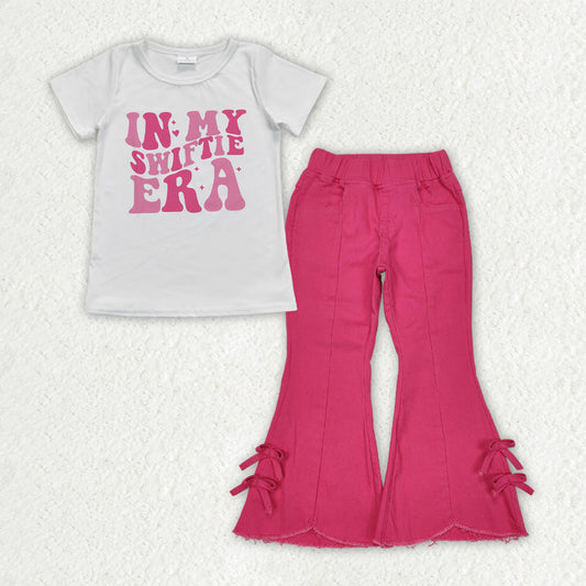 GSPO2014 White letter short-sleeved solid rose red bow denim trousers suit  D 3.17