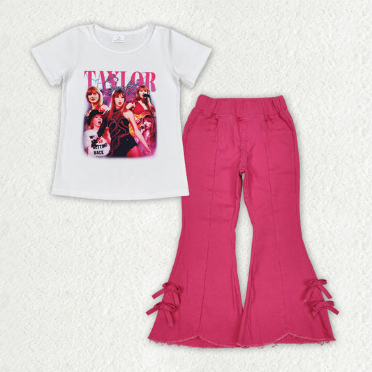 GSPO2015  White letter short-sleeved solid rose red bow denim trousers suit  D 3.17