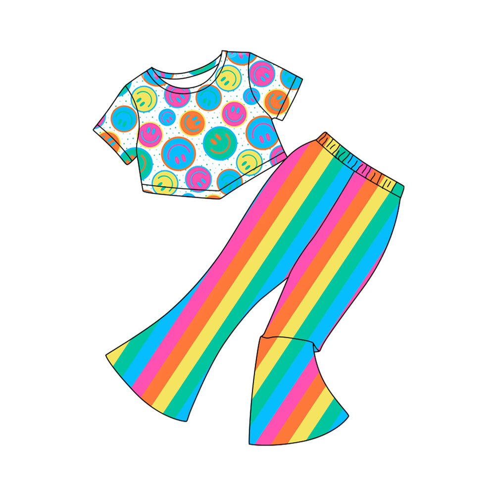presale GSPO2016 Baby Girls Short Sleeves Colorful Smiles Top Rainbows Stripe Pant Set  D 4.19