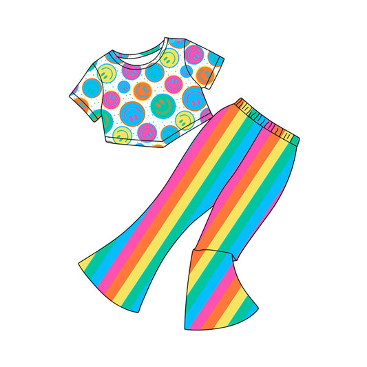 presale GSPO2016 Baby Girls Short Sleeves Colorful Smiles Top Rainbows Stripe Pant Set  D 4.19