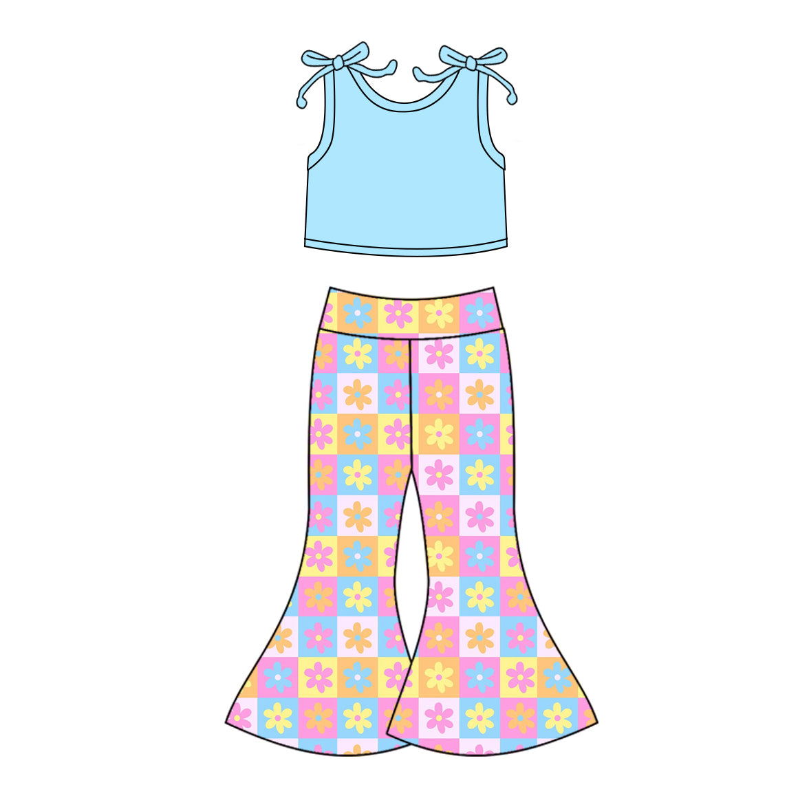 GSPO2017 Baby Girls Blue Sleeveless Top Flowers Plaid Bell Bottom Pant Set  D 5.22