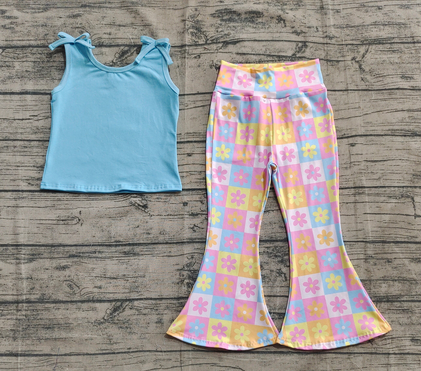 GSPO2017 Baby Girls Blue Sleeveless Top Flowers Plaid Bell Bottom Pant Set  D 5.22