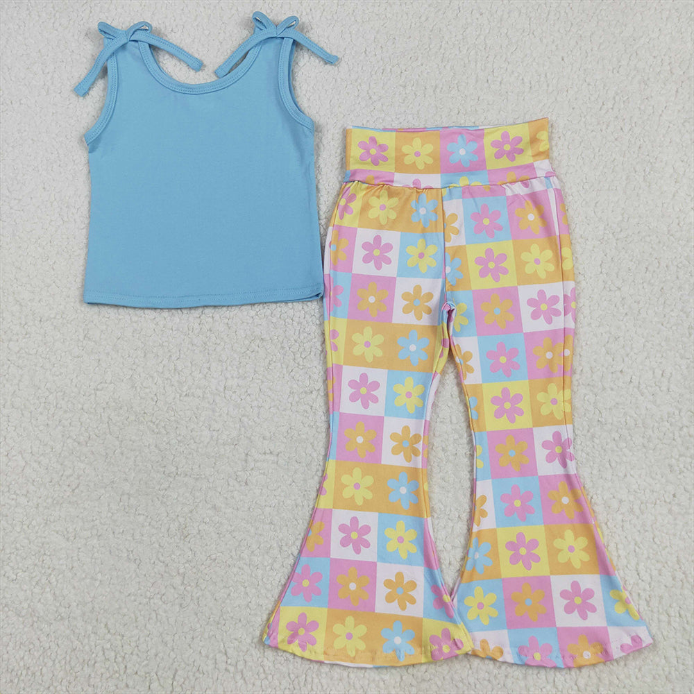 GSPO2017 Baby Girls Blue Sleeveless Top Flowers Plaid Bell Bottom Pant Set  D 5.22