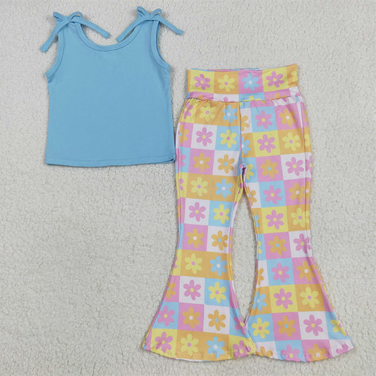 GSPO2017 Baby Girls Blue Sleeveless Top Flowers Plaid Bell Bottom Pant Set D 5.22