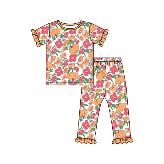 presale GSPO2018  Baby Girls Short Ruffle Sleeves Flowers Pumpkins Top Pants Pajamas Set D 4.25