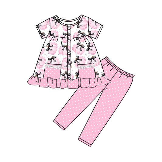presale GSPO2019 Baby Girls Short Sleeves Pumpkins Button Pockets Tunic Legging Pant Set D 4.25