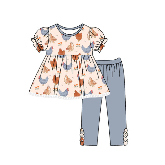 presale GSPO2020 Baby Girls Short Ruffle Sleeves Flowers Chicks Tunic Legging Pant Set  D 4.25