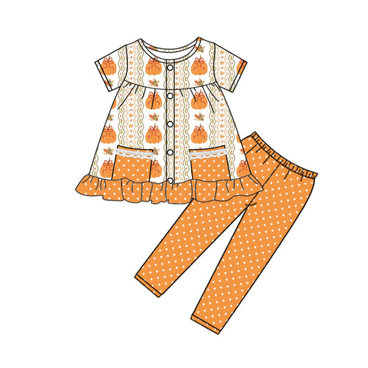 presale GSPO2022  Pumpkin Bow Pattern Wavy Line Polka Dot Lace Trim Pocket Button Short Sleeve Pants Set D 4.28