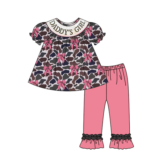 presale GSPO2025 Baby Girls Olive Camo Short Sleeves Bows Daddy's Girl Tunic Ruffle Pant Set   D 5.9