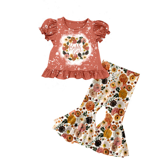 presale GSPO2026  Baby Girls Peach Short Ruffle Sleeves Flowers Tunic Bell Bottom Pant Set  D 5.9