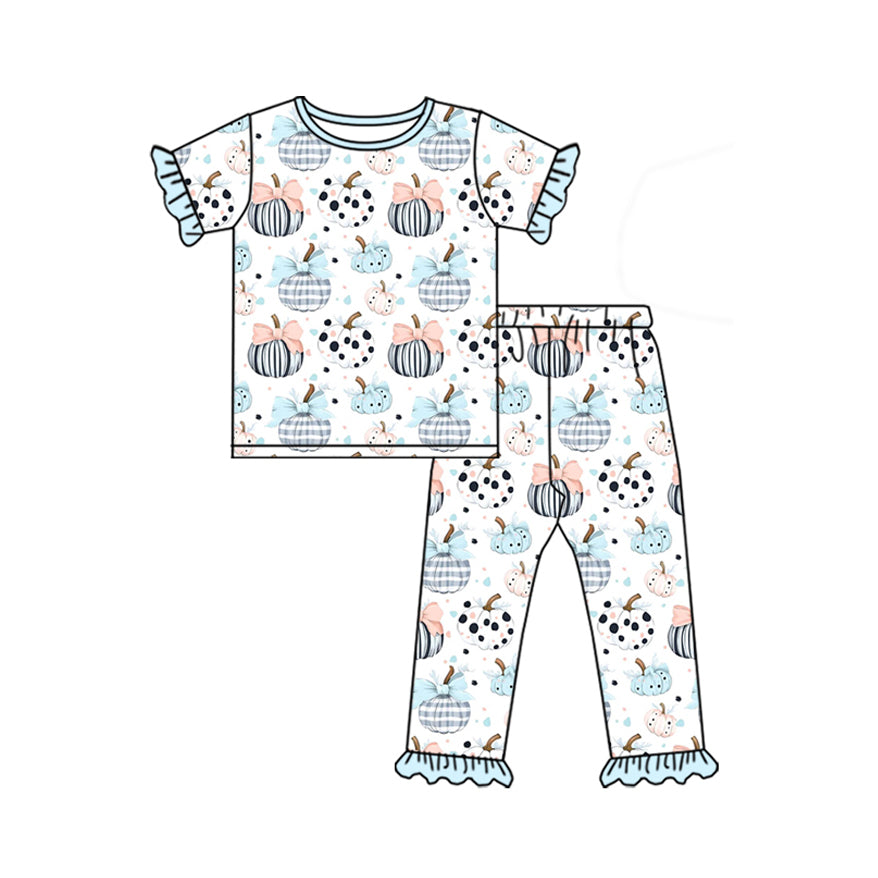 presale GSPO2027  Baby Girls Blue Short Sleeves Bows Pumpkins Top Pant Pajamas Set  D 5.9