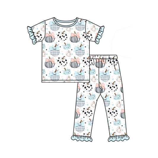 presale GSPO2027  Baby Girls Blue Short Sleeves Bows Pumpkins Top Pant Pajamas Set  D 5.9