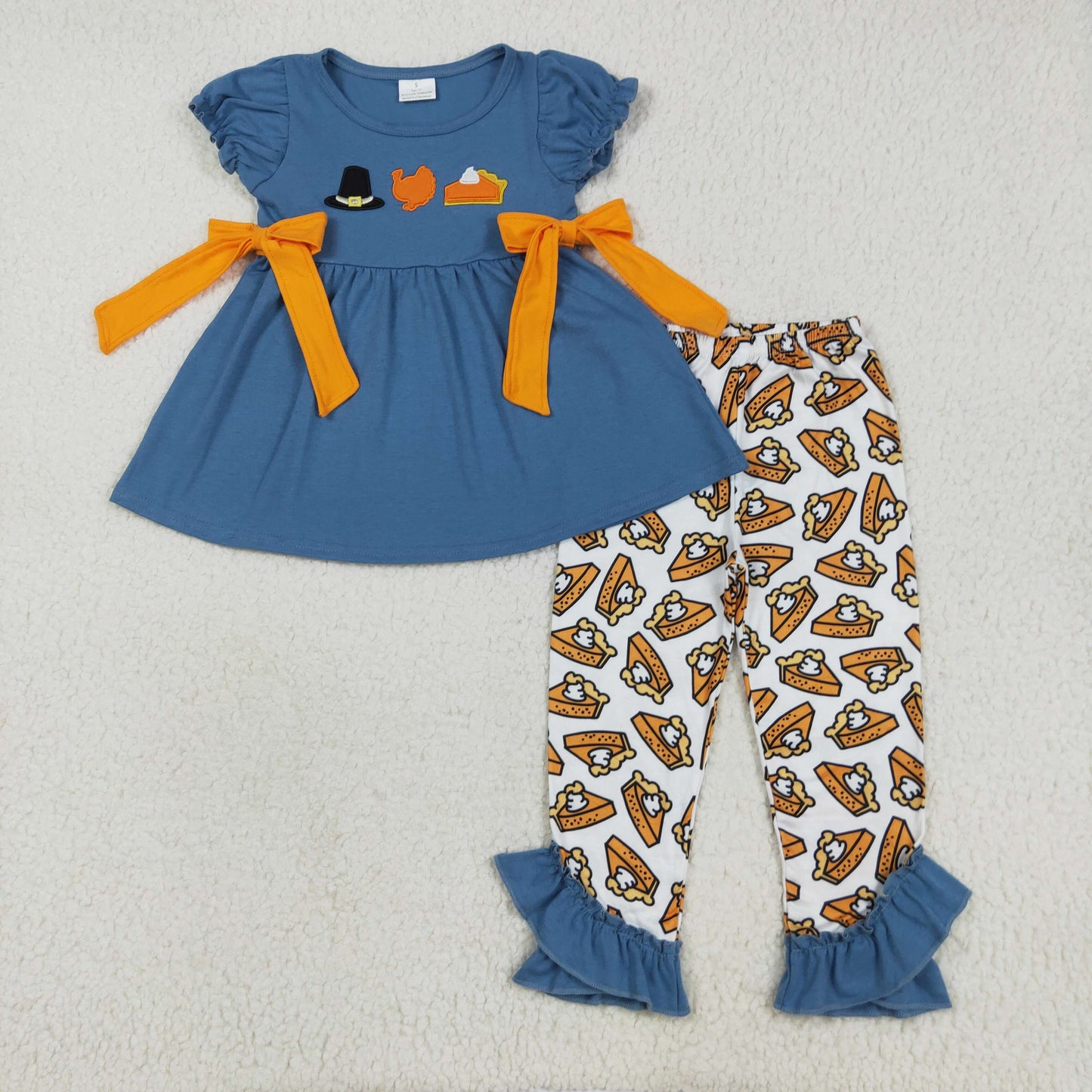 GSPO2028 Baby Girls Navy Short Sleeves Turkey Hat Tunic Pockets Ruffle Pant Set