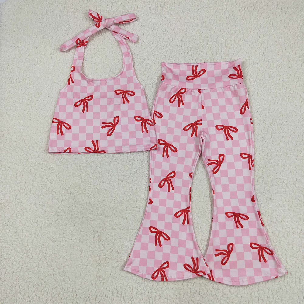 GSPO2030 Pink plaid bow halter top bell bottom pants girls clothes  D 5.16