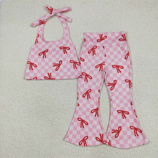 GSPO2030 Pink plaid bow halter top bell bottom pants girls clothes D 5.16