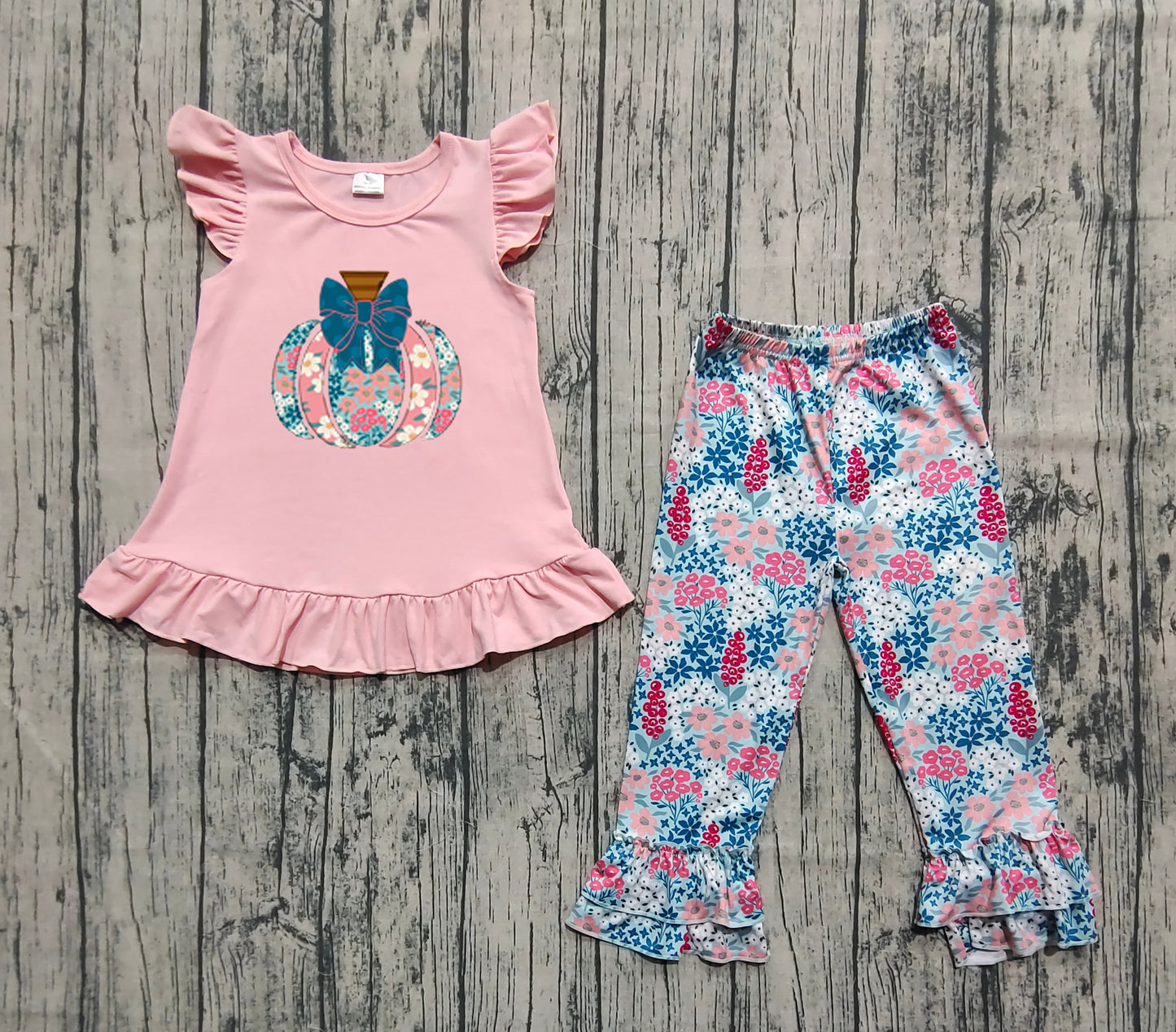 GSPO2032 Baby Girls Pink Flutter Sleeves Floral Pumpkin Tunic Ruffle Pants Set  D 6.3