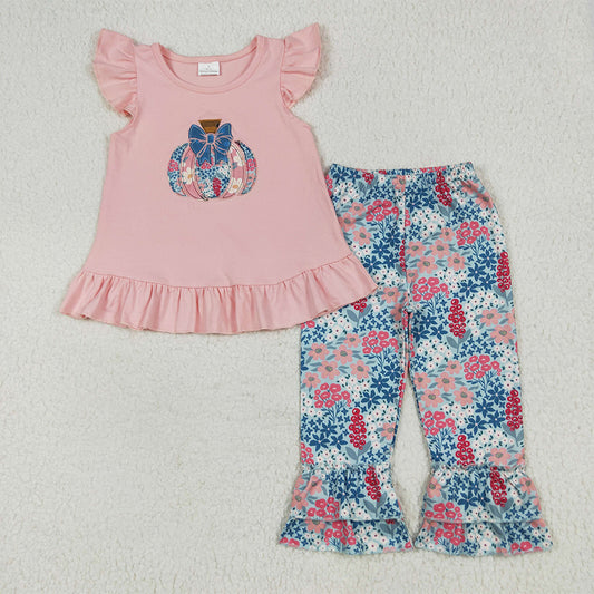 GSPO2032 Baby Girls Pink Flutter Sleeves Floral Pumpkin Tunic Ruffle Pants Set  D 6.3