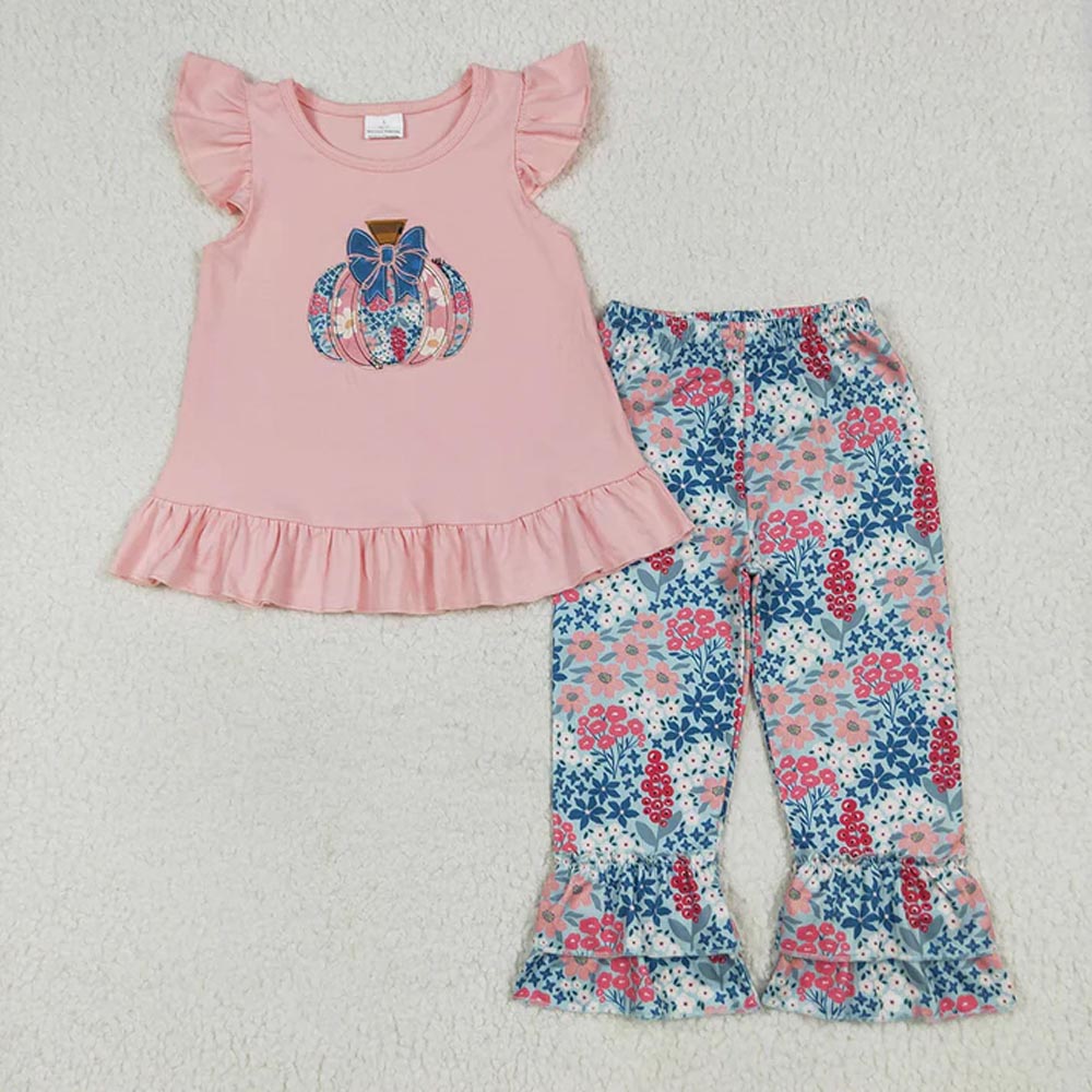 Sibling Embroidery Baby Girls Pink Floral Pumpkin Rompers Dresses Outfits D 7.7