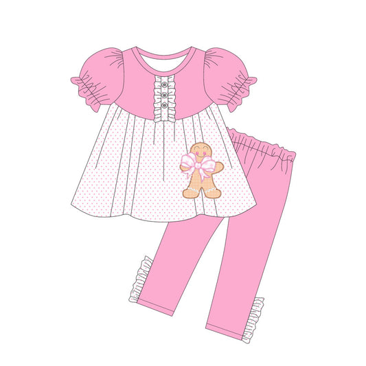 presale GSPO2034 Baby Girls Pink Short Ruffle Sleeves Gingerbread Button Tunic Legging Pants Clothes Set D 5.23