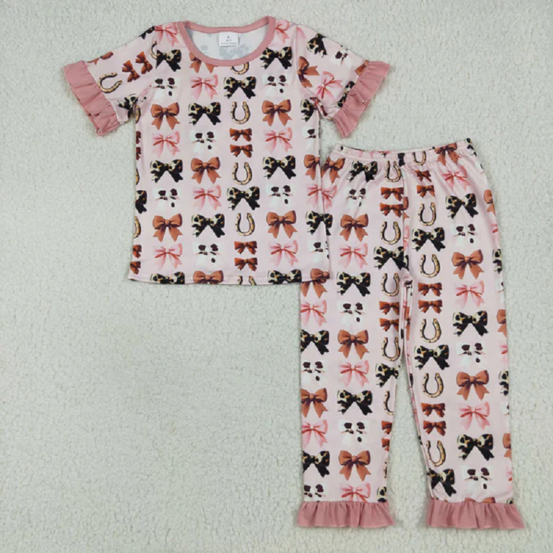 Sibling Baby Girls Pink Western Bows Horse Shoes Rompers Pajamas  D 7.5