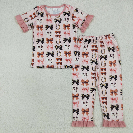 GSPO2035  Baby Girls Pink Short Ruffle Sleeves Bows Horse Shoes Top Pant Pajamas Set D 6.18