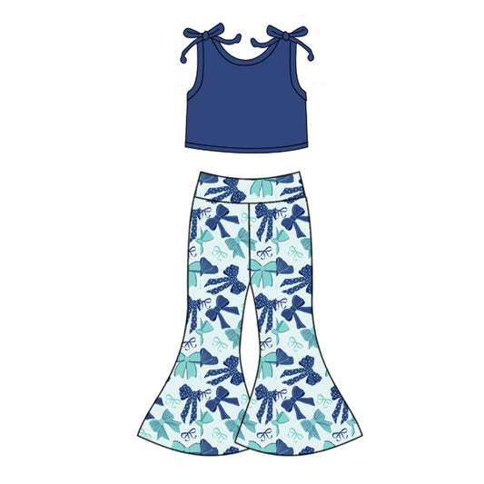 presale GSPO2036 Baby Girls Hot Blue Sleeveless Vest Top Bows Bell Bottom Pant Set D 5.24