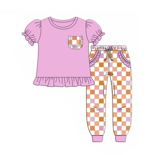 presale GSPO2041 Baby Girls Hot Pink Short Ruffle Sleeves Pocket Tunic Pockets Plaid Pant Set  D 5.27
