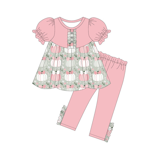 presale GSPO2042 Baby Girls Pink Short Ruffle Sleeves Pumpkins Button Tunic Legging Pant Set D 5.27