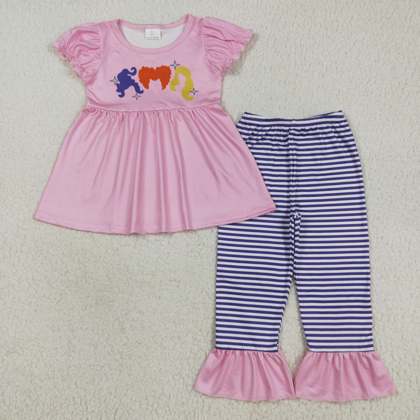 GSPO2043  Baby Girls Pink Short Ruffle Sleeves Hair Tunic Stripe Ruffle Pant Set