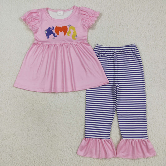 GSPO2043  Baby Girls Pink Short Ruffle Sleeves Hair Tunic Stripe Ruffle Pant Set