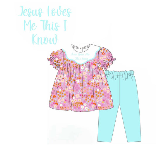 presale GSPO2044 Baby Girls Short Ruffle Sleeves Hot Pink Floral Tunic Blue Leggings Pant Set  D 5.29